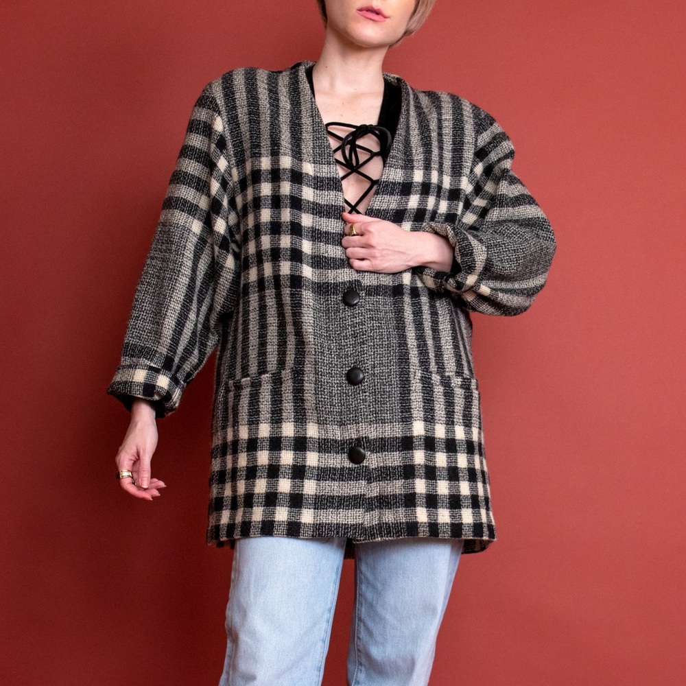 Vintage 80s black white plaid striped wool blazer - Picture 4 of 7